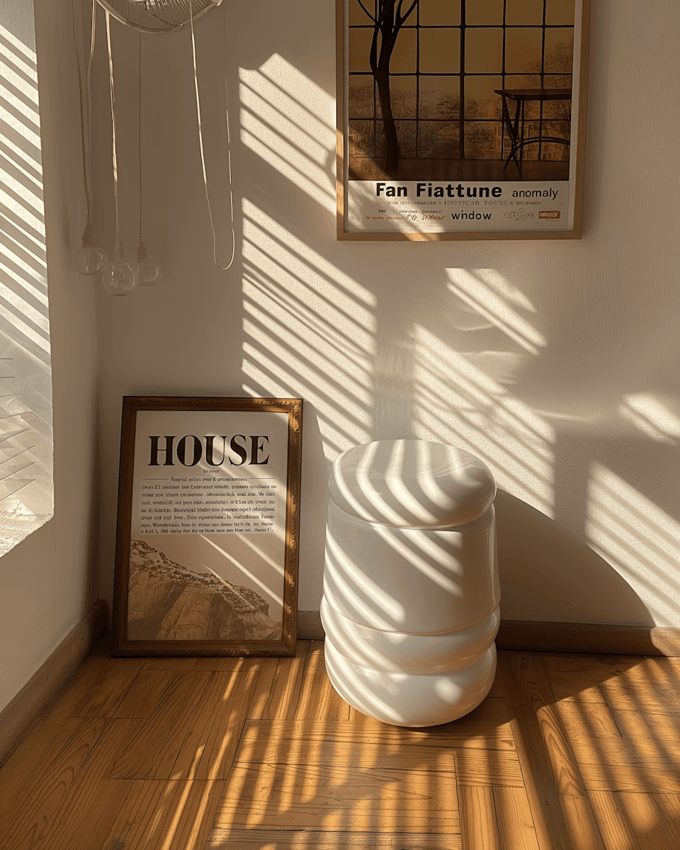 a corner of a room with a chair and paintings