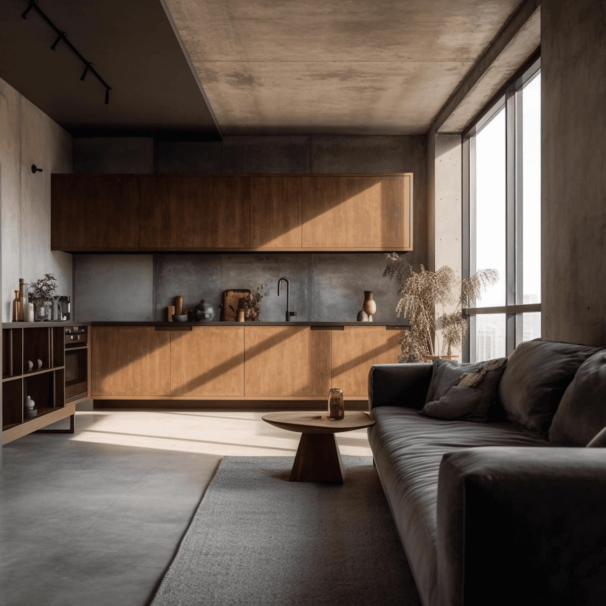 modern living room and kitchen with wooden cabinets and soft natural light